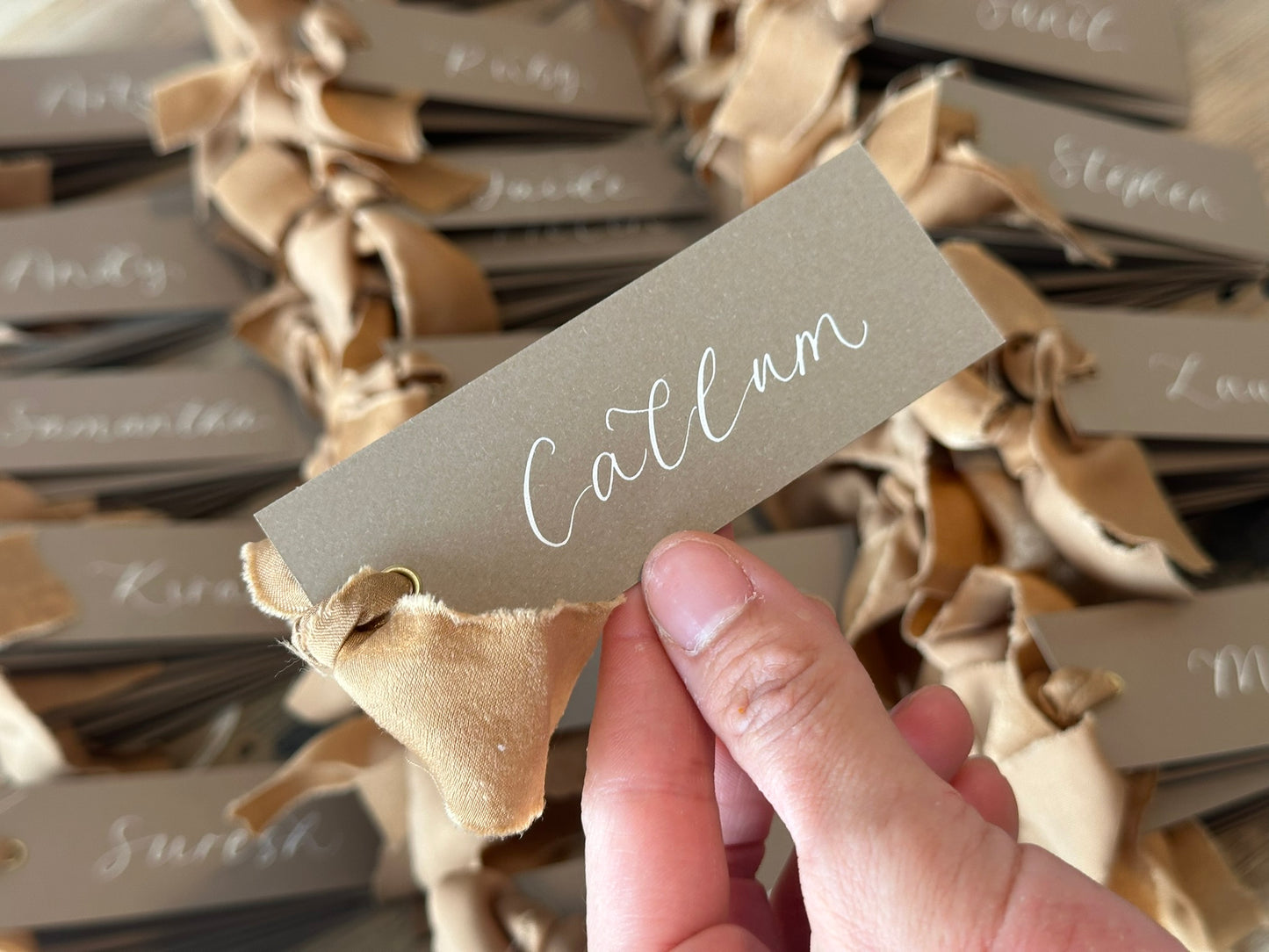 Custom Ribbon Wedding Place Cards | Mocha Card with Your Choice of Ribbon