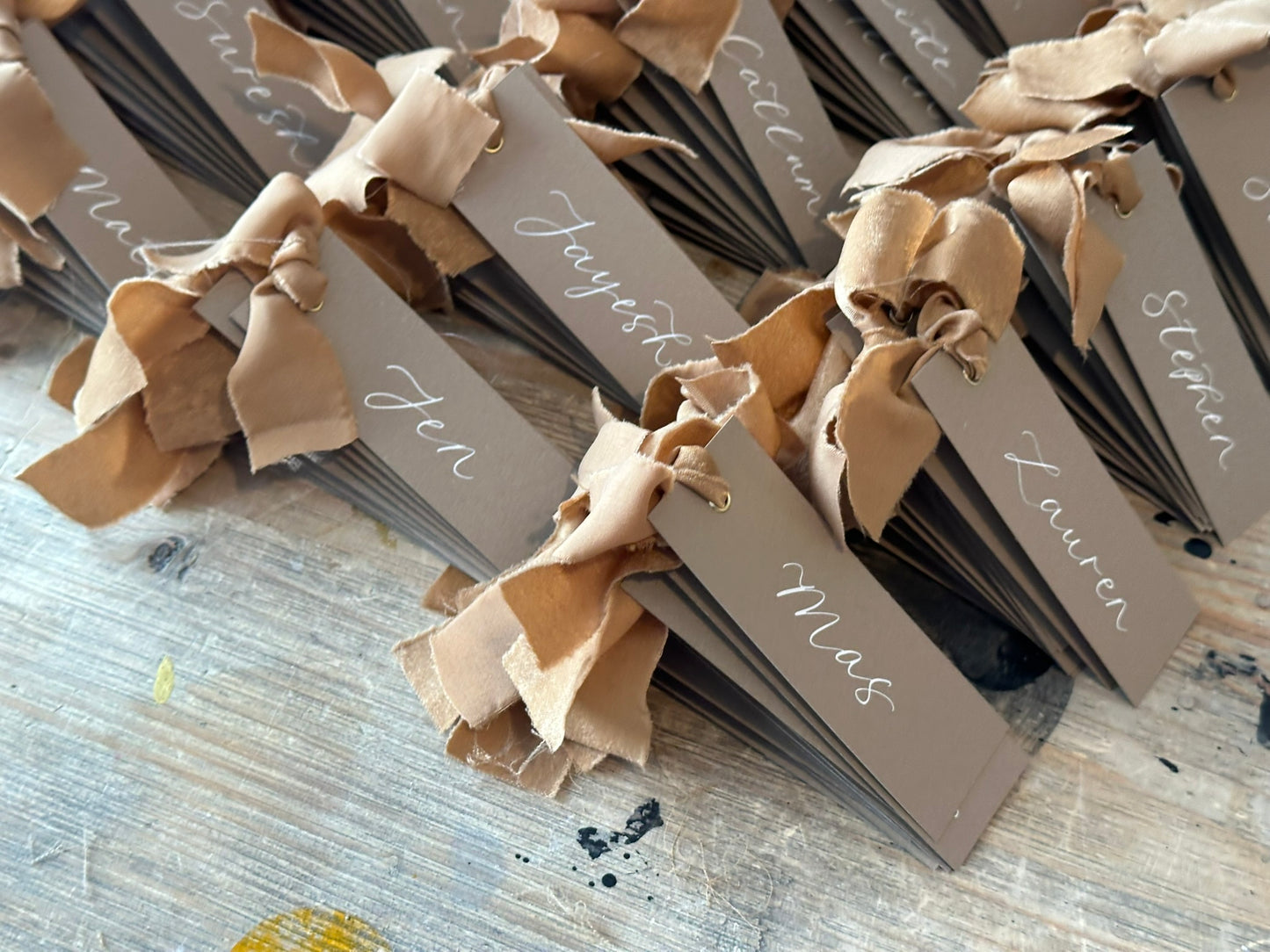 Custom Ribbon Wedding Place Cards | Mocha Card with Your Choice of Ribbon