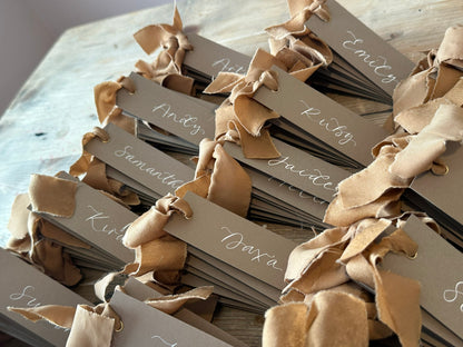 Custom Ribbon Wedding Place Cards | Mocha Card with Your Choice of Ribbon