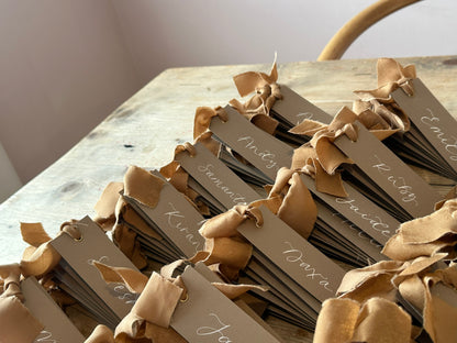 Custom Ribbon Wedding Place Cards | Mocha Card with Your Choice of Ribbon