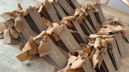 Custom Ribbon Wedding Place Cards | Mocha Card with Your Choice of Ribbon