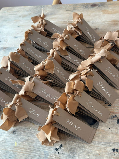 Custom Ribbon Wedding Place Cards | Mocha Card with Your Choice of Ribbon