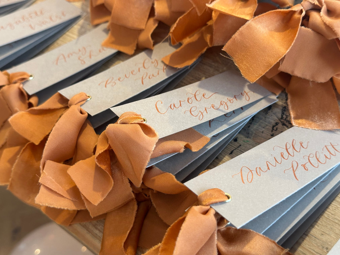 Custom Ribbon Wedding Place Cards | Mocha Card with Your Choice of Ribbon