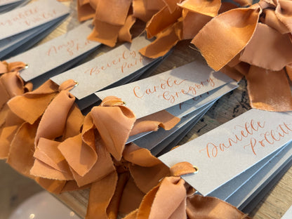 Custom Ribbon Wedding Place Cards | Mocha Card with Your Choice of Ribbon