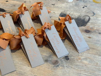 Custom Ribbon Wedding Place Cards | Mocha Card with Your Choice of Ribbon