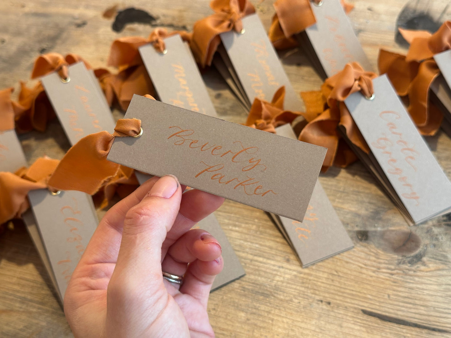 Custom Ribbon Wedding Place Cards | Mocha Card with Your Choice of Ribbon