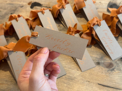Custom Ribbon Wedding Place Cards | Mocha Card with Your Choice of Ribbon