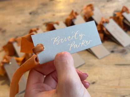 Custom Ribbon Wedding Place Cards | Mocha Card with Your Choice of Ribbon