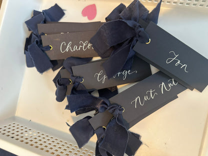 NAVY Place Card Chiffon Ribbon | Calligraphy Wedding Place Name Card | Gold or Silver Eyelet