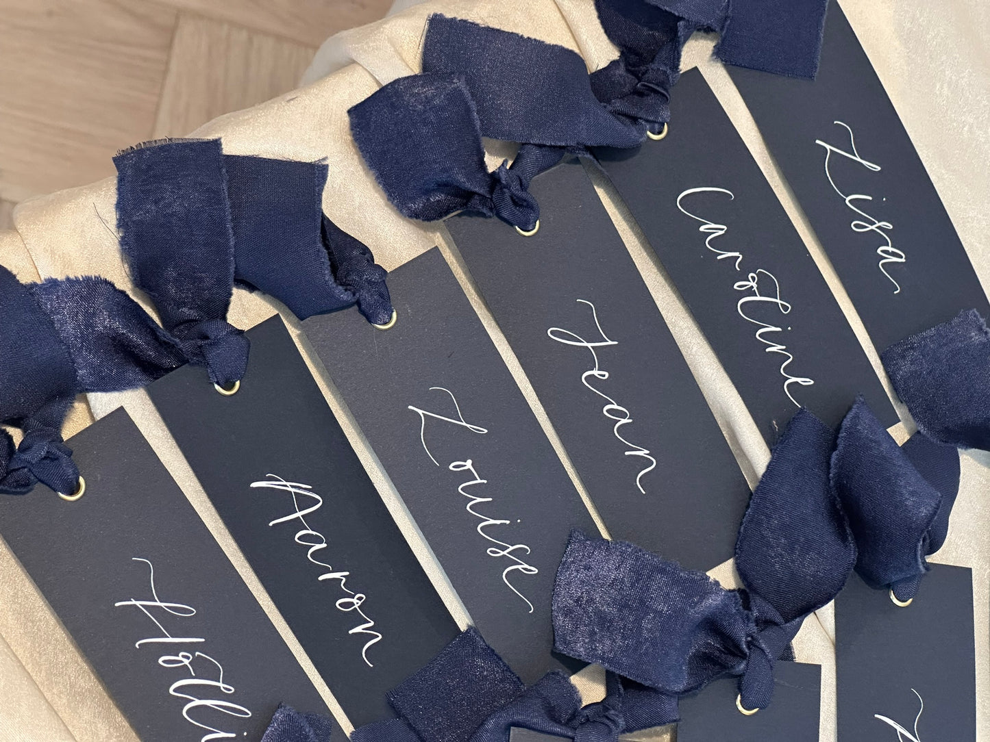 NAVY Place Card Chiffon Ribbon | Calligraphy Wedding Place Name Card | Gold or Silver Eyelet
