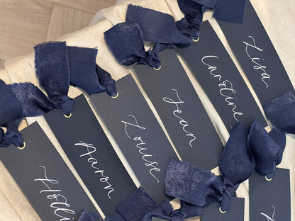 NAVY Place Card Chiffon Ribbon | Calligraphy Wedding Place Name Card | Gold or Silver Eyelet