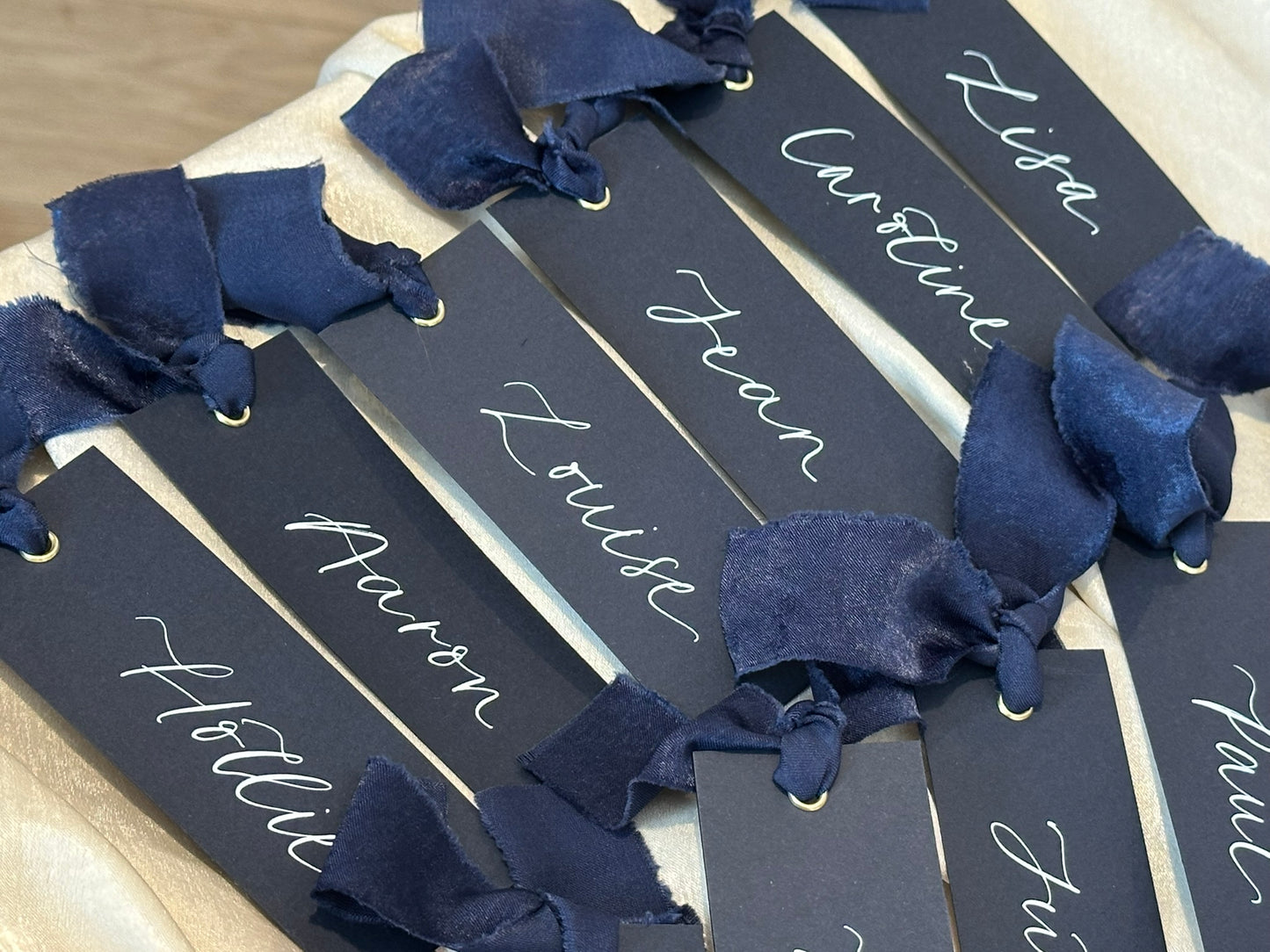 NAVY Place Card Chiffon Ribbon | Calligraphy Wedding Place Name Card | Gold or Silver Eyelet