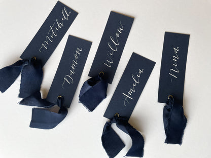NAVY Place Card Chiffon Ribbon | Calligraphy Wedding Place Name Card | Gold or Silver Eyelet