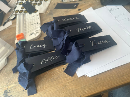 NAVY Place Card Chiffon Ribbon | Calligraphy Wedding Place Name Card | Gold or Silver Eyelet