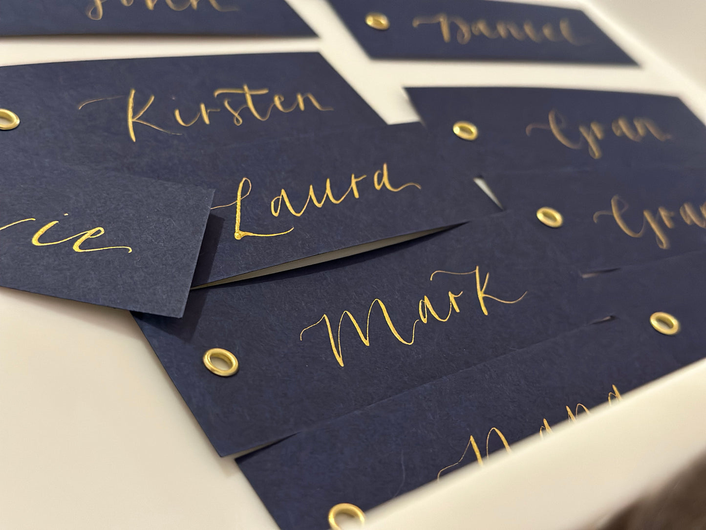 NAVY Blue Calligraphy Place Name Card | DIY Add Own Ribbon Calligraphy Wedding Place Name Card | Gold or Silver Eyelet Place Card