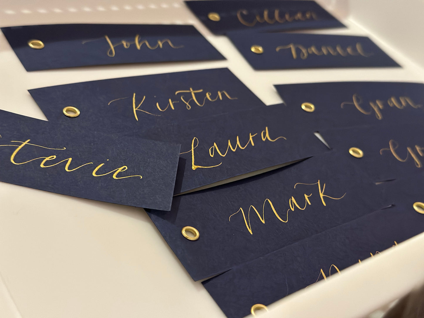 NAVY Blue Calligraphy Place Name Card | DIY Add Own Ribbon Calligraphy Wedding Place Name Card | Gold or Silver Eyelet Place Card