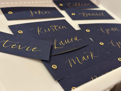 NAVY Blue Calligraphy Place Name Card | DIY Add Own Ribbon Calligraphy Wedding Place Name Card | Gold or Silver Eyelet Place Card