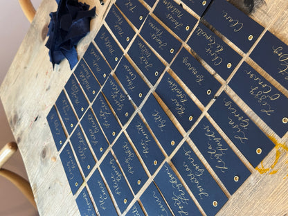 Navy Calligraphy Place Cards with Eyelet | DIY Add Your Own Ribbon Place Card