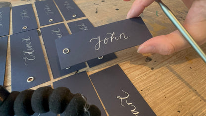 Navy Calligraphy Place Cards with Eyelet | DIY Add Your Own Ribbon Place Card