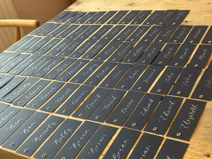 Navy Calligraphy Place Cards with Eyelet | DIY Add Your Own Ribbon Place Card