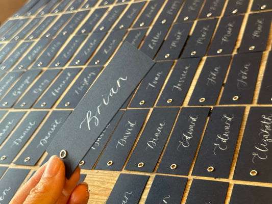 Navy Calligraphy Place Cards with Eyelet | DIY Add Your Own Ribbon Place Card