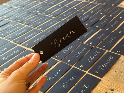 Navy Calligraphy Place Cards with Eyelet | DIY Add Your Own Ribbon Place Card