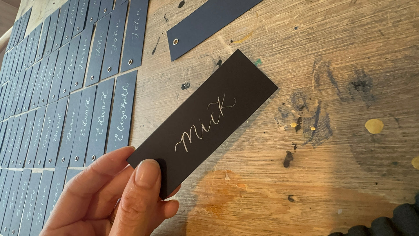 Navy Calligraphy Place Cards with Eyelet | DIY Add Your Own Ribbon Place Card