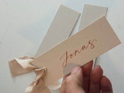Nude Chiffon Wedding Place Cards with Ribbon | Beige Calligraphy Place Cards