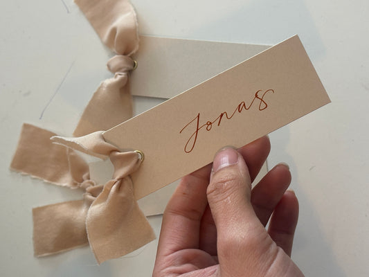 Nude Chiffon Wedding Place Cards with Ribbon | Beige Calligraphy Place Cards