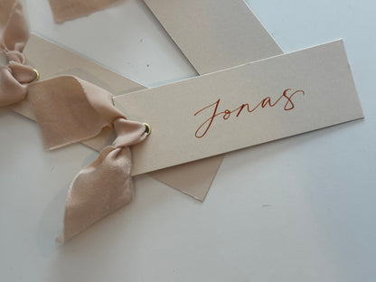 Nude Chiffon Wedding Place Cards with Ribbon | Beige Calligraphy Place Cards