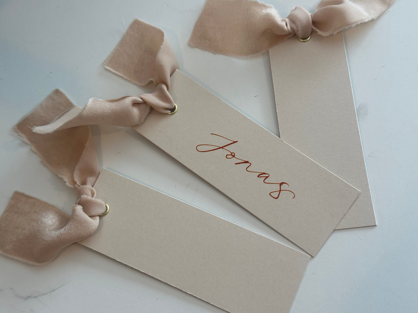Nude Chiffon Wedding Place Cards with Ribbon | Beige Calligraphy Place Cards