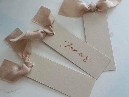 Nude Chiffon Wedding Place Cards with Ribbon | Beige Calligraphy Place Cards