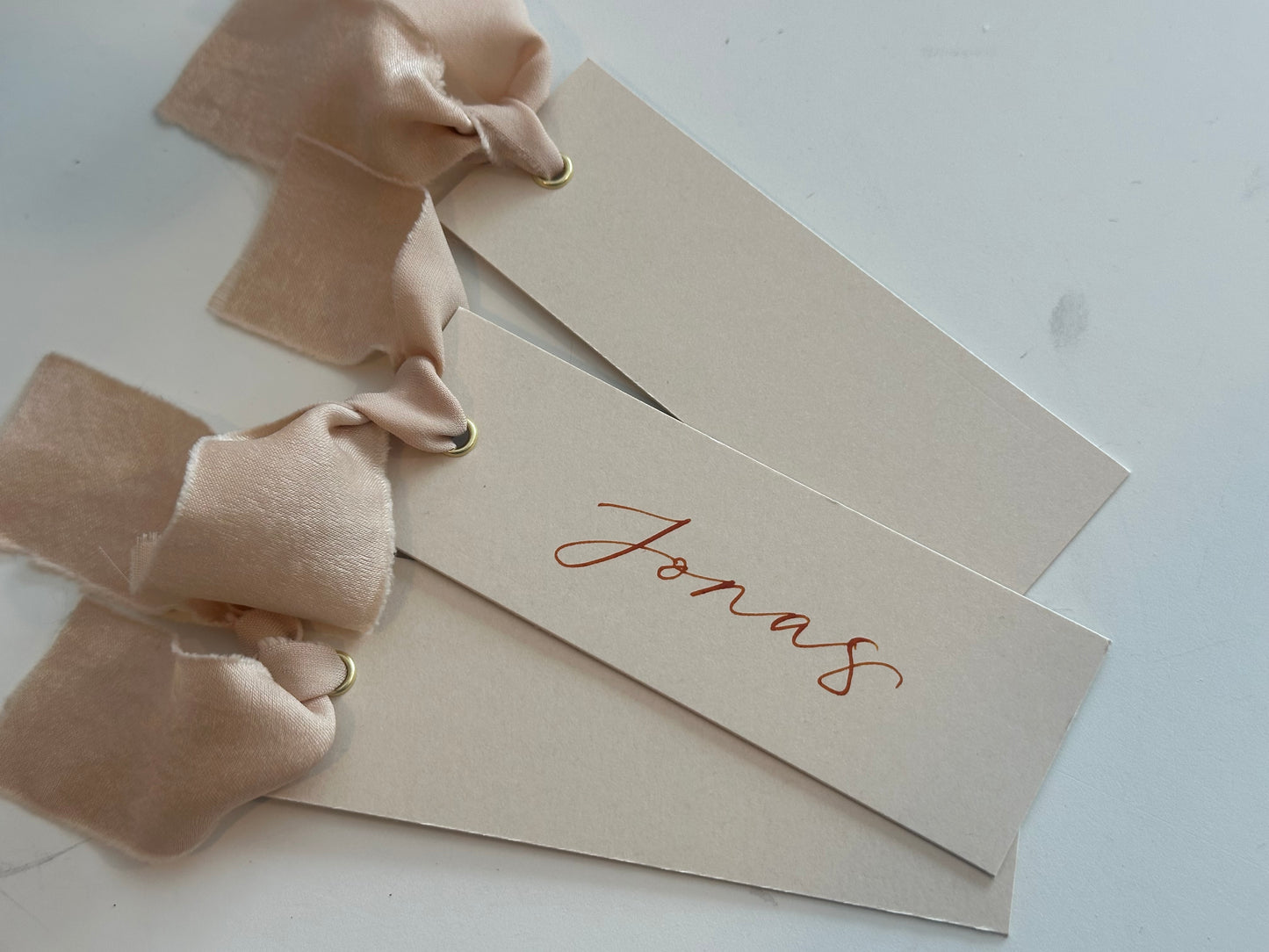 Nude Chiffon Wedding Place Cards with Ribbon | Beige Calligraphy Place Cards