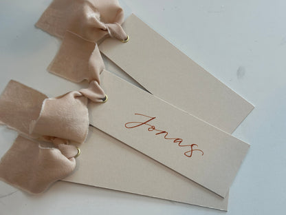 Nude Chiffon Wedding Place Cards with Ribbon | Beige Calligraphy Place Cards