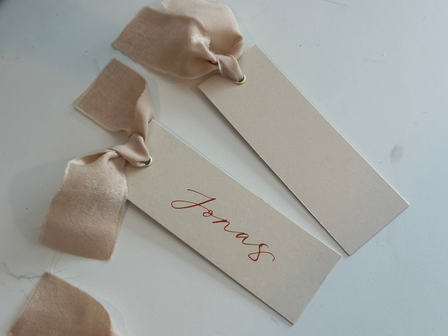 Nude Chiffon Wedding Place Cards with Ribbon | Beige Calligraphy Place Cards