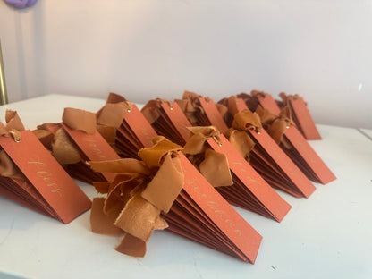 Ochre Chiffon Wedding Place Cards with Ribbon | Orange Calligraphy Place Cards
