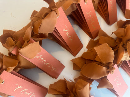 Ochre Chiffon Wedding Place Cards with Ribbon | Orange Calligraphy Place Cards