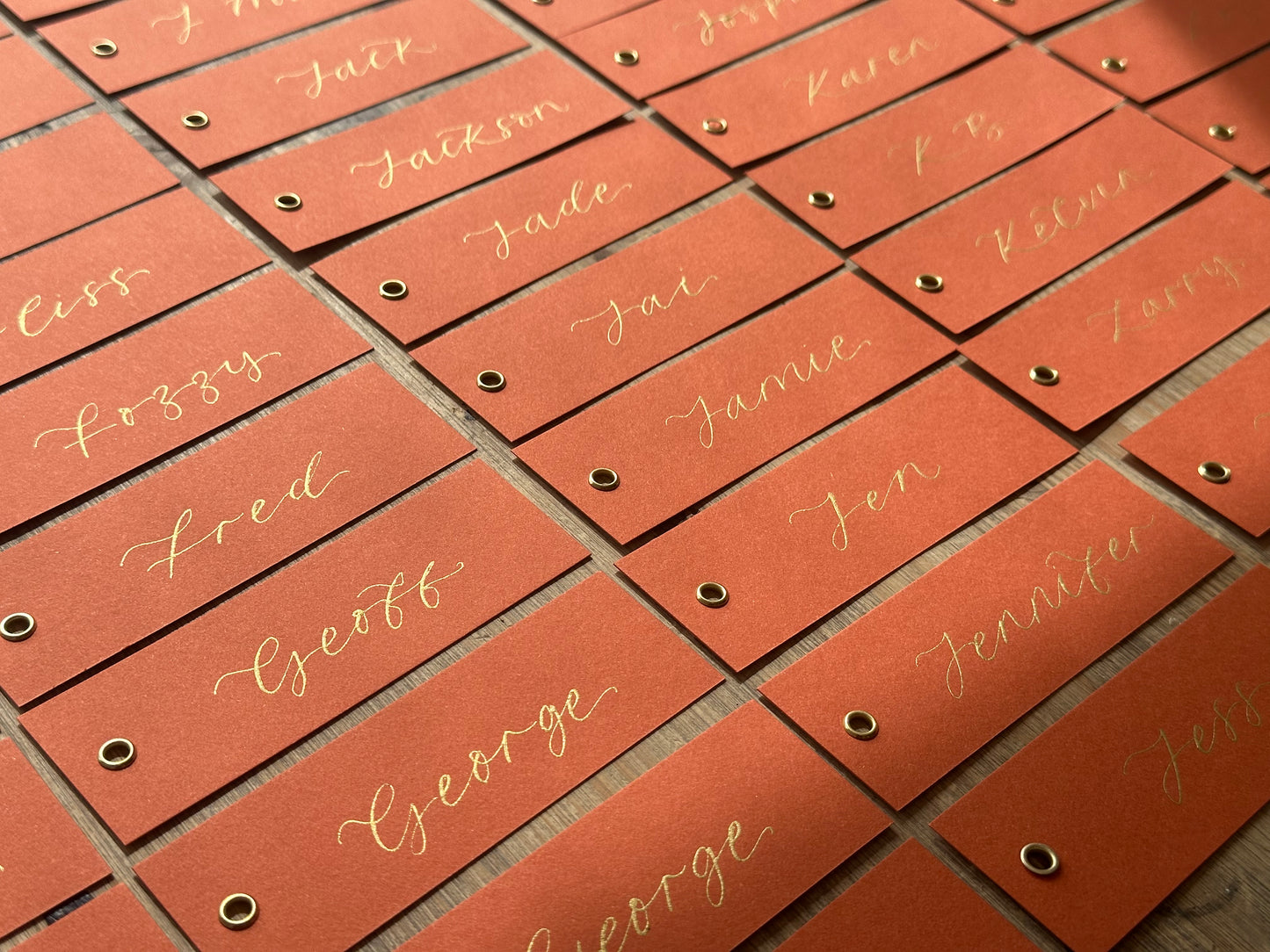 Ochre Calligraphy Place Cards with Eyelet | DIY Add Your Own Ribbon Place Card