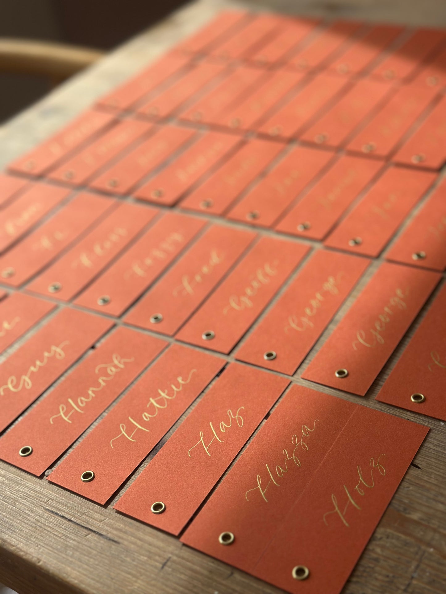 Ochre Calligraphy Place Cards with Eyelet | DIY Add Your Own Ribbon Place Card