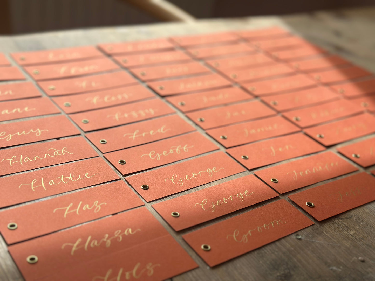 Ochre Calligraphy Place Cards with Eyelet | DIY Add Your Own Ribbon Place Card