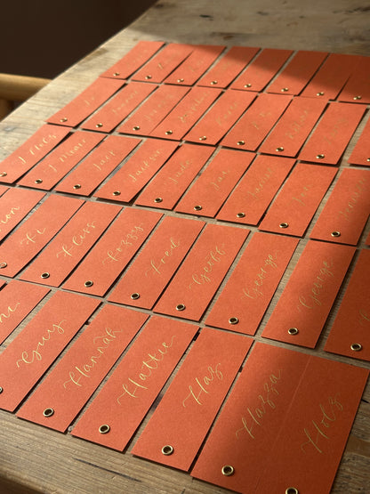 Ochre Calligraphy Place Cards with Eyelet | DIY Add Your Own Ribbon Place Card