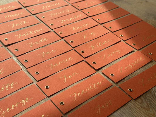 Ochre Calligraphy Place Cards with Eyelet | DIY Add Your Own Ribbon Place Card