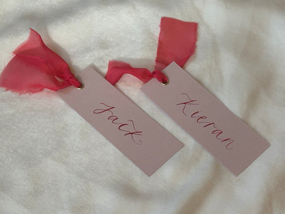 BLUSH + PINK Place Card Organza Ribbon | Calligraphy Wedding Place Name Card | Gold or Silver Eyelet