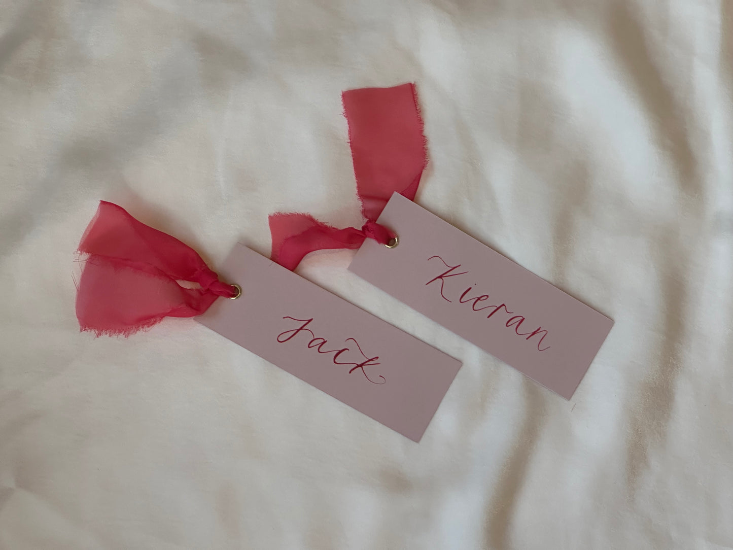 BLUSH + PINK Place Card Organza Ribbon | Calligraphy Wedding Place Name Card | Gold or Silver Eyelet