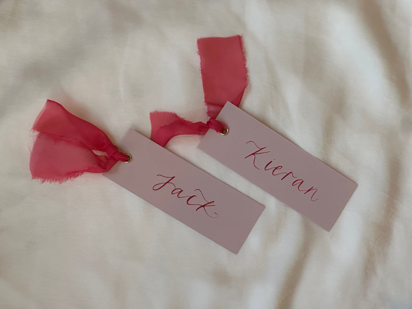 BLUSH + PINK Place Card Organza Ribbon | Calligraphy Wedding Place Name Card | Gold or Silver Eyelet