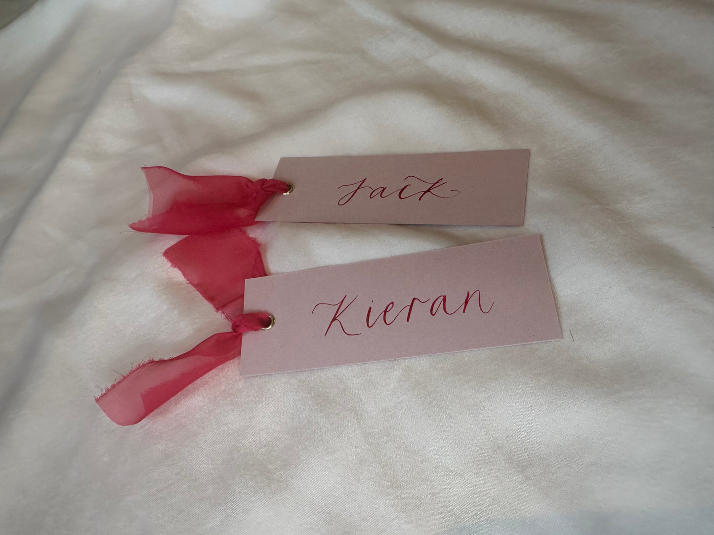 BLUSH + PINK Place Card Organza Ribbon | Calligraphy Wedding Place Name Card | Gold or Silver Eyelet