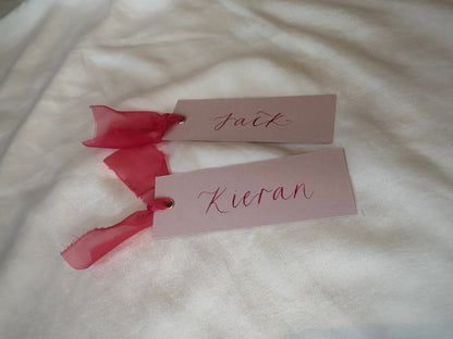 BLUSH + PINK Place Card Organza Ribbon | Calligraphy Wedding Place Name Card | Gold or Silver Eyelet