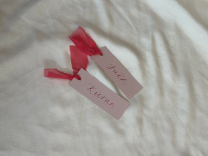 BLUSH + PINK Place Card Organza Ribbon | Calligraphy Wedding Place Name Card | Gold or Silver Eyelet