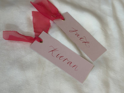 BLUSH + PINK Place Card Organza Ribbon | Calligraphy Wedding Place Name Card | Gold or Silver Eyelet