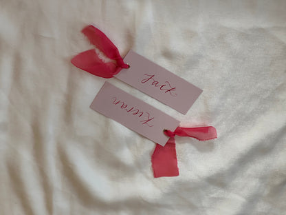 BLUSH + PINK Place Card Organza Ribbon | Calligraphy Wedding Place Name Card | Gold or Silver Eyelet